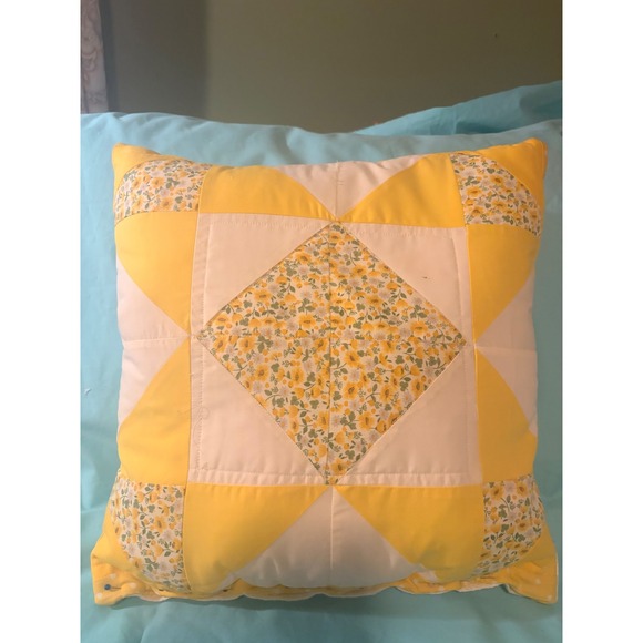 Other - Handmade Quilted Throw Pillow Yellow White Floral Patchwork Star Cottagecore